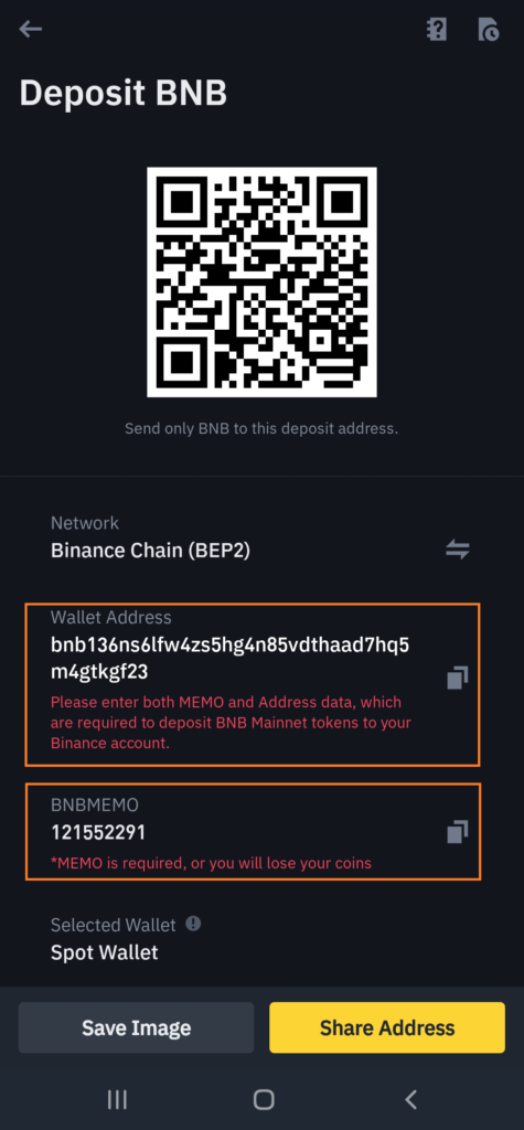 Deposit BNB on Binance